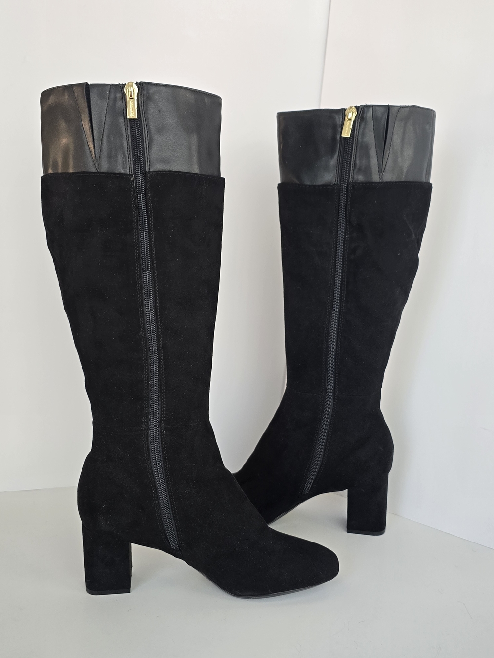 Calvin Klein Candace Black Knee-High Block Heel Boots with Gold Buckle - Picture 3 of 7